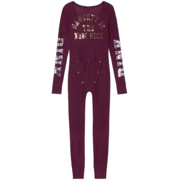 Victoria’s Secret PINK Naughty New Nice Burgundy Sequin Thermal Onesie L - Picture 7 of 13